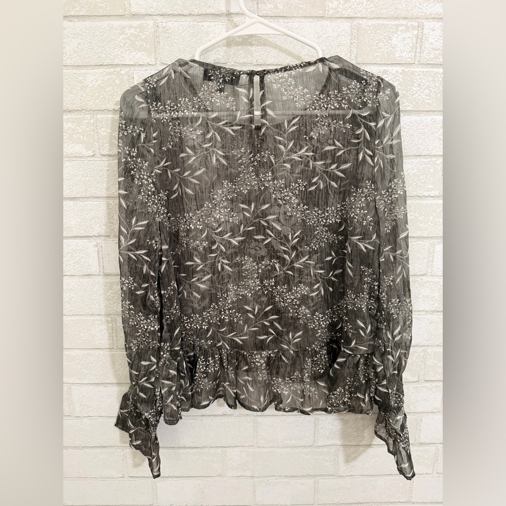 A. Calin Los Angeles sheer gray long-sleeve blouse floral embroidered M #3043 - Picture 2 of 8